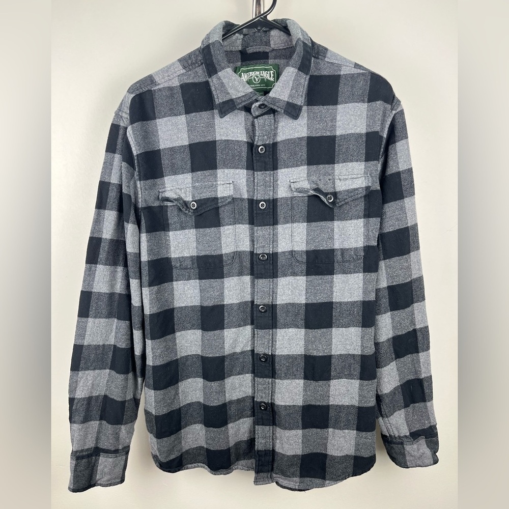 American Eagle Buffalo Plaid Flannel Shirt Gray Black Button Up Mens Size L